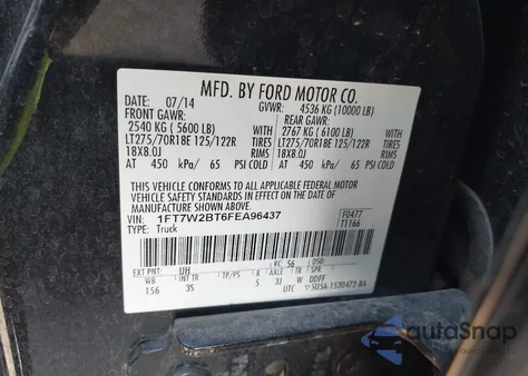 2015 Ford F-250 Xlt из США, поврежденный, VIN 1FT7W2BT6FEA96437